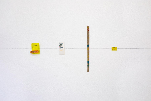 envelope 1, library book sticker, postcard fragment, oil on linen, price sticker, dimensions variable, 60.96 x 60.96 cm, 2021