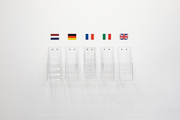 (13.32 15.10.2019, Venice), multi-pocket acrylic literature holders, flag stickers, dimensions variable, 2022.