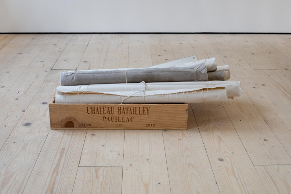 store in a cool dark place, oil on canvas, oil on linen, string, Chateau Batailley Pauillac 2012 winebox, dimensions variable, 2022.