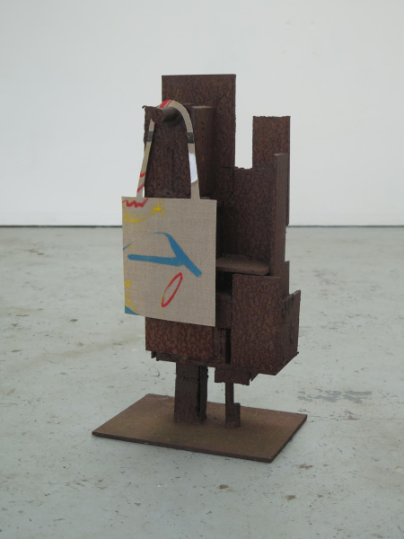 Gallery Goer (you/me) with tote bag, steel and oil on linen, 70 x 25 x 30 cm, 2019