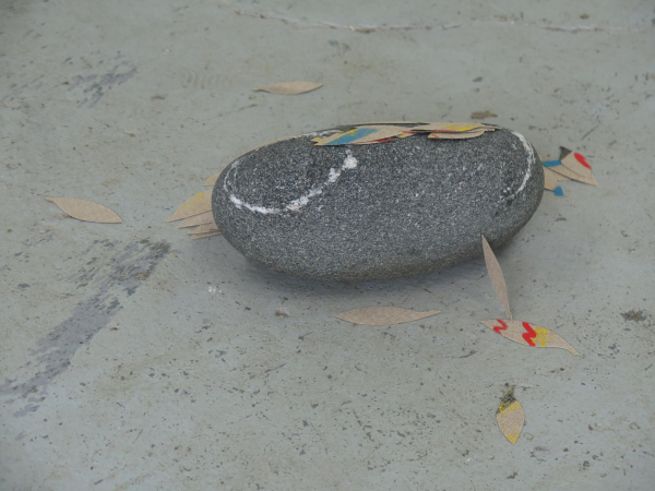 Leaves that have been blown about under trees and between stones look interesting and should not be disturbed, stone and oil on linen, dimensions variable, 2019