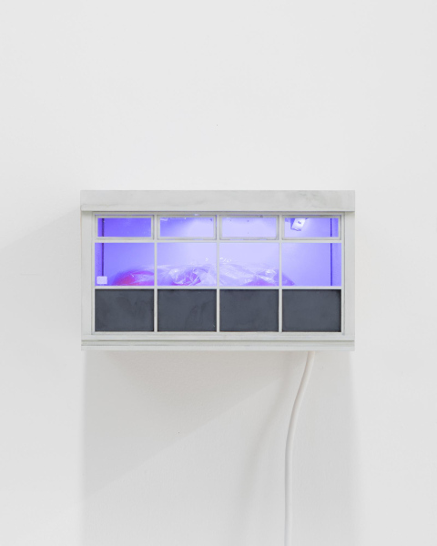 Jennifer BaileyArt room,&nbsp;2001/2022Scale model, fruit, MDF, melamine, polythene, paper,Blu-Tac, LED lights, sticker15 x 26 x 26 cm