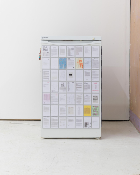 Niall McCallumUntitled, 2024/2026,Acrylic fridge magnets, scanned Glasgow exhibitionhandouts printed on paper (2018-2024), fridge ephemerafrom 19 Keir Street as of 21.1.2685 x 50 x 57 cm