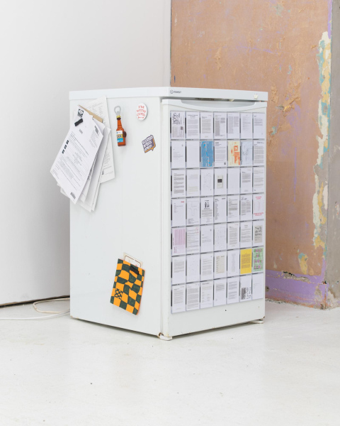 Niall McCallumUntitled, 2024/2026,Acrylic fridge magnets, scanned Glasgow exhibitionhandouts printed on paper (2018-2024), fridge ephemerafrom 19 Keir Street as of 21.1.2685 x 50 x 57 cm